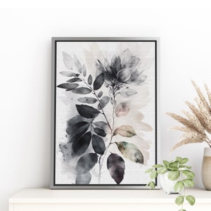 Leaves Shades of Grey Watercolor Artwork on Pine Framed Floating Canvas Print