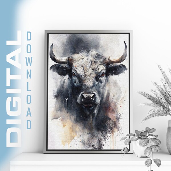 Raging Bull in Watercolor Artwork, High-Resolution Digital Download