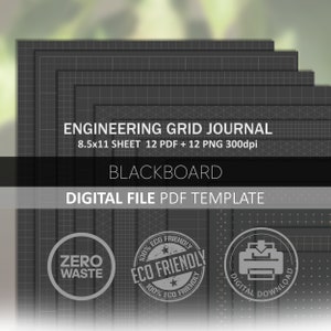 Könnte beinhalten: Ein Stapel dunkelgrauer Engineering-Grid-Journalblätter. Der Text auf dem Bild lautet "ENGINEERING GRID JOURNAL 8.5x11 SHEET 12 PDF + 12 PNG 300dpi BLACKBOARD DIGITAL FILE PDF TEMPLATE". Das Bild enthält auch Logos "ZERO WASTE" und "ECO FRIENDLY".