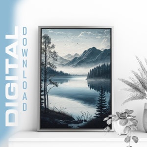 Fotografía de un lago brumoso al amanecer, descarga digital de alta resolución.