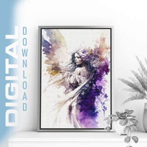 Hada de las flores moradas en acuarela, descarga digital de alta resolución