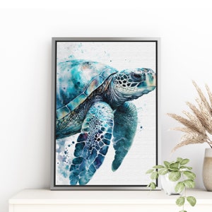 Blue Tortoise in Watercolor Artwork on Pine Framed Floating Canvas Print