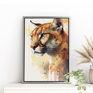 Puma in Watercolor Artwork on Pine Framed Floating Canvas Print