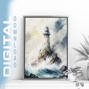 Lighthouse and Ocean Waves in Watercolor Artwork, High-Resolution Digital Download