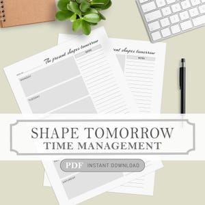 Planificador de gestión del tiempo Shape Tomorrow. Plantillas de descarga instantánea. Archivos PDF imprimibles en 4 tamaños de archivo: A4, A5, carta y media carta.