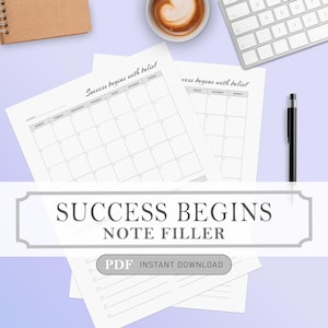 Plantillas de descarga instantánea para rellenar el planificador Success Begins, archivos PDF imprimibles en 4 tamaños de archivo: A4, A5, carta y media carta