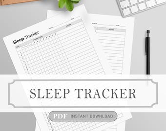 May include: A printable sleep tracker PDF with a gray and white design. The tracker includes a calendar grid with space to record hours slept each day, along with a notes section for each month.