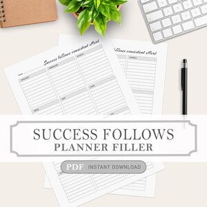 Plantillas de descarga instantánea para rellenar el planificador Success Follows Note, archivos PDF imprimibles en 4 tamaños de archivo: A4, A5, carta y media carta