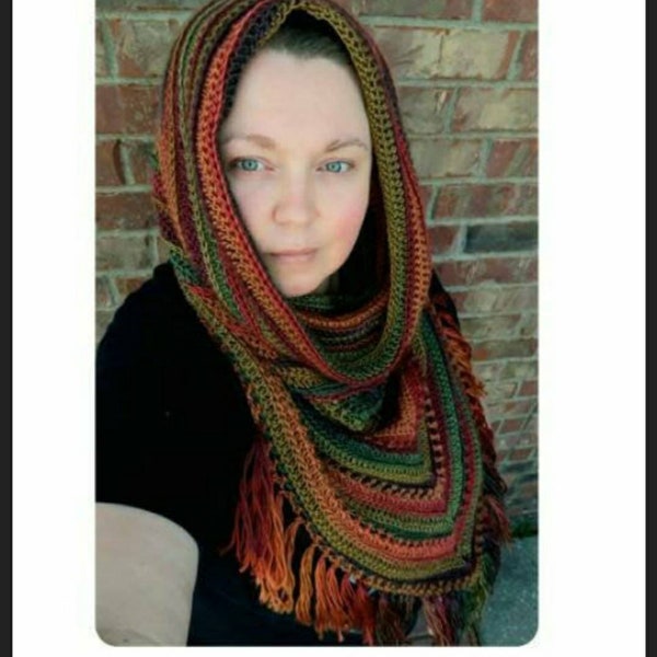 Phoenix Hooded Scarf, boho scarf, hooded cowl, fringed cowl, fringed scarf, triangle scarf, hooded cowl, boho hooded scarf, crochet cowl