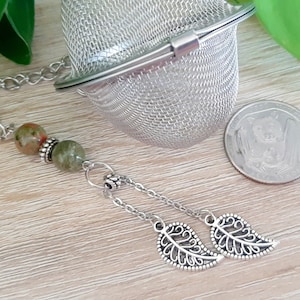 Unakite Leaf Tea ball, unakite tea infuser, leaf tea infuser, loose leaf tea, tea ball with charm, green witch, witchy gift, healing crystal