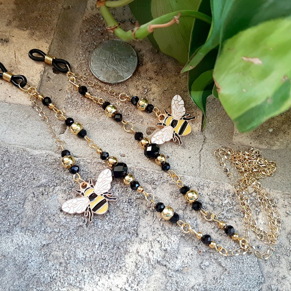 Buzzing Bees Glasses Chain, glasses chain, honey bee glasses chain, bee glasses holder, bee mask chain, glasses chain with clips, honey bee