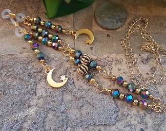 Gold Moon Glasses Chain, moon glasses chain, celestial glasses holder, moon and stars mask chain, colorful glasses chain, witchy gifts
