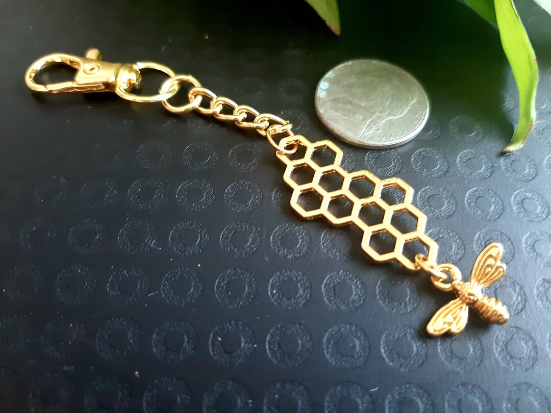 Honey Comb Key Chain, Honey Bee Key Chain, Gold Honey Key Chain, Gold