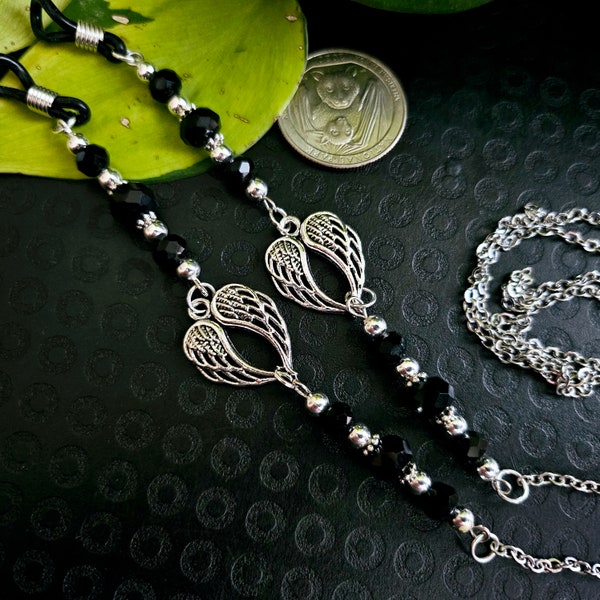 Silver Angel Wings Glasses Chain, silver wings glasses chain, black and silver wings, black angel wings, gothic angel wings glasses chain