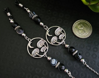Schwarze Pilz Brillenkette, Cottagecore Brillenkette, Pilz Brillenhalter, Cottagegoth, Geschenke für Hexen, Gloomcore, Indian Achat