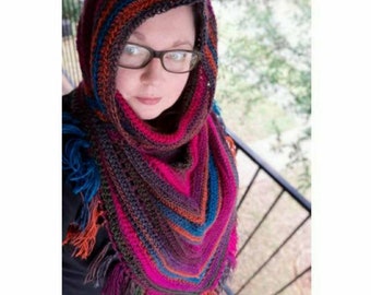 Kaleidoscope  Hooded Scarf, boho scarf, hooded cowl, fringed cowl, fringed scarf, triangle scarf, hooded cowl, boho hooded scarf, crochet