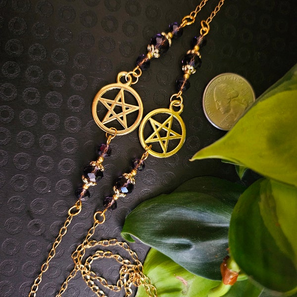 Purple and gold pentacle Glasses Chain, pagan glasses chain, witchy glasses chain, witchy glasses holder, purple Pentacle glasses chain