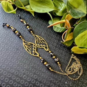 Gold Feenflügel Brillenkette: Schwarz & Gold Perlen