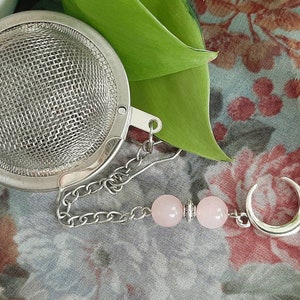 Rose Quartz Moon tea ball, healing crystal, tea ball with charm, moon tea ball, tea infuser, gifts under 10, moon tea infuser, mesh tea ball