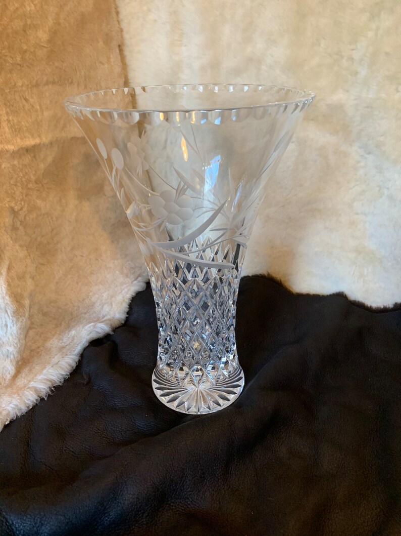 Lead Crystal and Etched Flowers Vase Etsy
