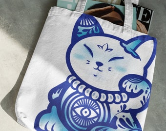 Cute Lucky Kitty | Fortune Cat |  Canvas Tote Bags | Boutique | Groceries | Travel Bag | 13x13 inches