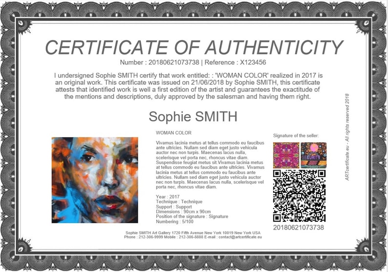 Certificate of Authenticity for original artwork 4 on A4 Etsy
