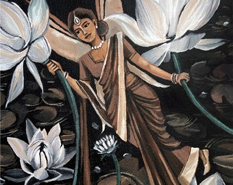 Vintage Lotus Fairy Art Print, South Asian Art, Indian Poster, Vintage Indian Art