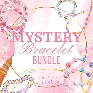May include: A pink and gold graphic promoting a "Mystery Bracelet Bundle." The image features several beaded bracelets with various charms, including hearts, stars, and flowers. The text "MYSTERY Bracelet BUNDLE" is prominently displayed, along with a butterfly illustration.