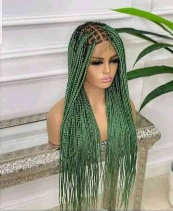 Human Hair Knotless Full Lace Braided Wig, Braided Wigs for Black Women,  Box Braided Wig, Cornrow Wig. Colour Tea Green. Frontal Braids Wig 