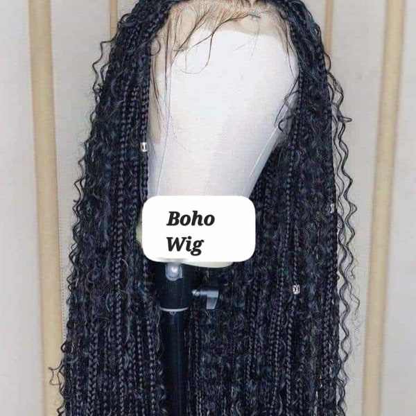 Handmade Bohemian Knotless Braided Full Lace Wig, Box Braids Wig, Braided Wigs for black women,Lace front box braid, Boho Braided Wig.