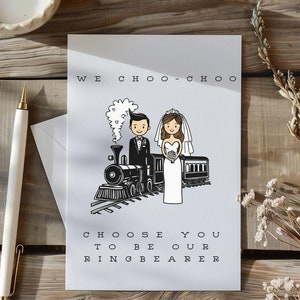 Carte Serez-vous notre porteur d'anneau, cartes de proposition de mariage, carte de voeux train Choo Choo, carte pliée petit train garçon 5 x 7