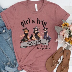 May include: A pink t-shirt with the text "girl's trip Salem 42.5187° N, 70.8955° W 1, 2, 3, let's go witch!" and an illustration of three women dressed as witches.