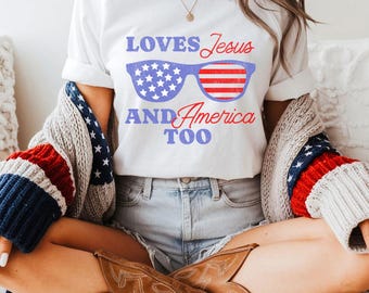 イエスとアメリカを愛するシャツ、独立記念日シャツ、クリスチャンシャツ、独立記念日シャツ、アメリカレトロシャツ、ノスタルジックなアメリカーナシャツ