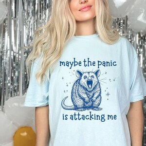 May include: A light blue t-shirt featuring a graphic of a possum with the text "maybe the panic is attacking me".
