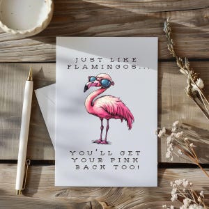 Carte d'encouragement flamant rose pour une amie, collègue de travail, maman, intérieur vierge, carte pensée à vous pour ami, carte de rétablissement, récupérez votre rose