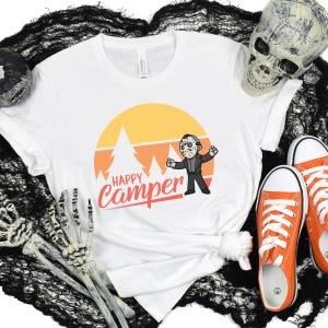 Halloween Happy Camper Unisex Tee, 13th Friday the Shirt, Halloween Costume Shirt, Sarcastic Scary Movie Fan Gift, Horror Movie Lover Gift