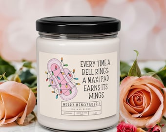 Candela allegra per la menopausa, regalo divertente per le donne in menopausa, umorismo natalizio sugli assorbenti, candela per le feste di mezza età, candela in barattolo di cera di soia