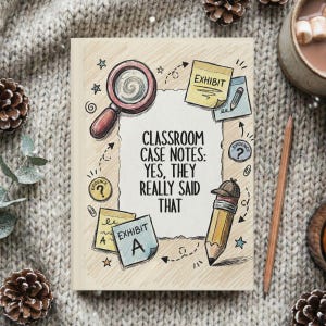 May include: A beige notebook with the text "CLASSROOM CASE NOTES: YES, THEY REALLY SAID THAT." The cover features illustrations of a magnifying glass, pencil, and sticky notes labeled "EXHIBIT A". The notebook is surrounded by decorative elements.