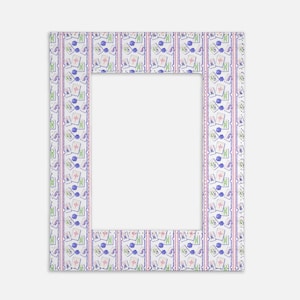 May include: Rectangular picture frame with a white background and a repeating pattern of Mahjong tiles, blue spheres, and green and purple vertical stripes. The frame has a large, empty rectangular opening.