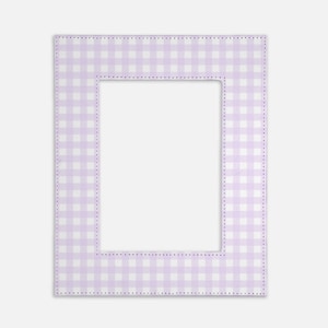 May include: A rectangular photo frame with a light purple and white gingham pattern. The frame has a stitched border and a rectangular opening for a photo. The frame is designed to hold a standard-sized photograph.