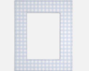 May include: A rectangular picture frame featuring a light blue and white gingham check pattern. The frame has a clean, flat surface with visible dark blue stitched detailing along the inner and outer edges of the border, creating a structured look.