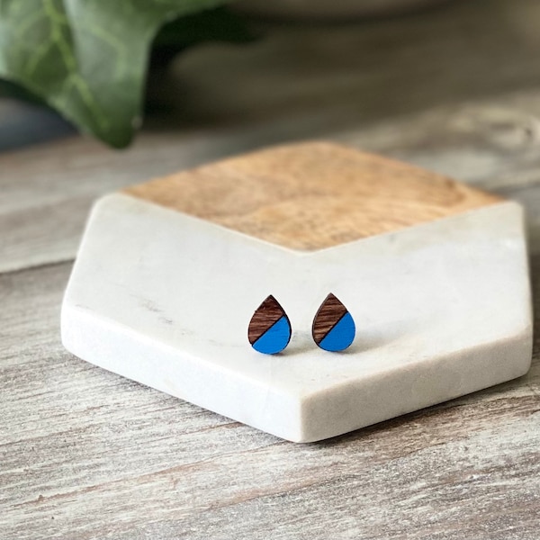 Blue Teardrop Wood Studs: Oilers Apparel, Nickel Free