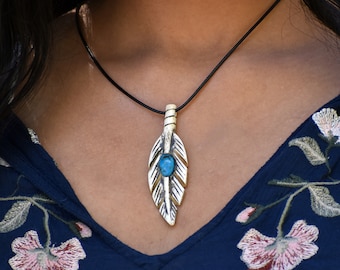 Turquoise Feather Necklace 925 Sterling Silver Leather Necklace Boho Charm Native American Tribe Necklace Mens Jewelry Gift for Boyfriend