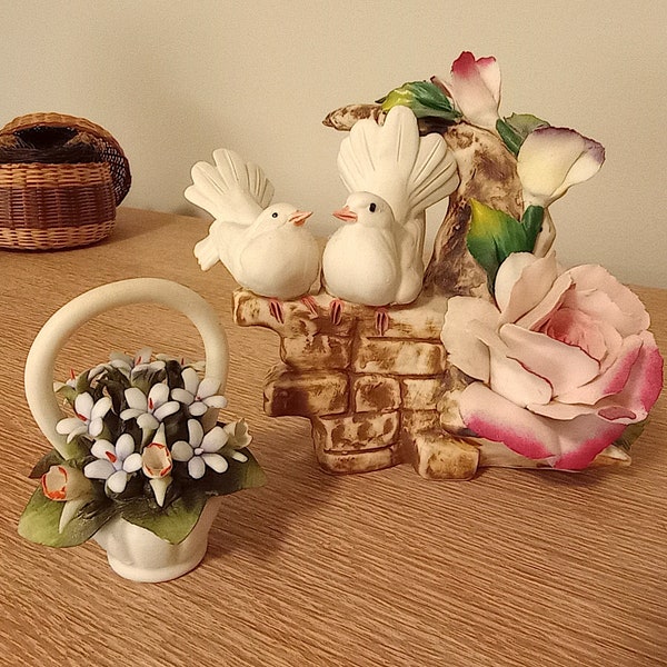 Genuine Capodimonte Porcelain White Doves Perched on a Stone wall by a Pink Rose Bush & a Tiny Basket of Flowers