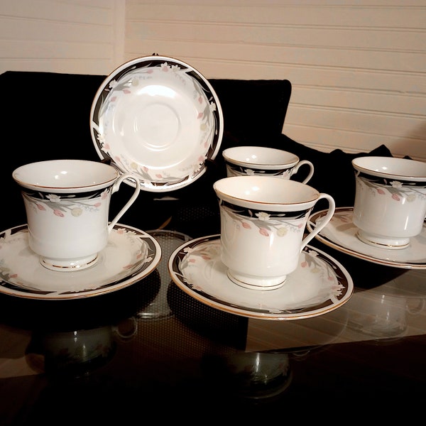 8 pc (4 Sets) ‘Michelle’ Design Tea / Coffee Cups w Saucers - Tienshan Fine China – Black & White Floral Pattern w Gold Trim