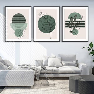 Boho Abstract Wall Art Prints, Boho Wall Decor, Set of 3 Prints, Scandi Art, Mid Century, Black, Beige, Green, Floral Print, Boho Wall Art