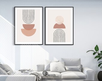 Estampados de arte de pared abstracto boho, decoración de pared boho, conjunto de 2 grabados, arte escandinavo, mediados de siglo, negro, beige, terracota, estampado floral, arte boho