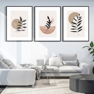 Boho Abstract Wall Art Prints, Boho Wall Decor, Set of 3 Prints, Scandi Art, Mid Century, Black, Beige, Terracotta, Floral Print, Boho Art