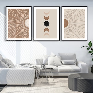 Boho Abstract Wall Art Prints, Boho Wall Decor, Set of 3 Prints, Scandi Art, Mid Century, Black, Beige, Terracotta, Floral Print, Boho Art