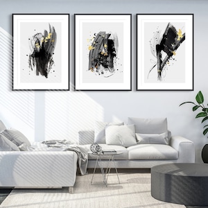 Abstrakte Wandkunst, Abstrakte Kunst, 3er Set Wanddrucke, Neutrale Kunst, Abstrakte Drucke, Schwarz und Gold Wanddrucke, Schwarz Gold Drucke